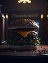 Un gigantesco Hamburger con moltissimi condimenti, locale sullo sfondo