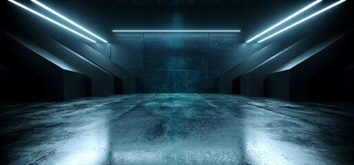 Alien Sci Fi Futuristic Spaceship Hangar Big Concrete Cement Asphalt Basement Hallway Studio Lights Showroom Realistic Bunker Garage 3D Rendering © IM_VISUALS