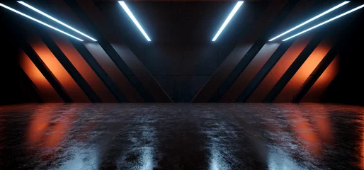 Alien Sci Fi Futuristic Columns Spaceship Blue Red Lights Hangar Big Concrete Cement Asphalt Basement Hallway Studio Showroom Bunker Garage 3D Rendering © IM_VISUALS