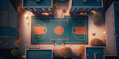 Aerial overhead view of a Basketball game - Generative AI - obrazy, fototapety, plakaty