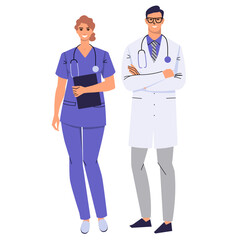 Doctor in glasses and a nurse wearing scrubs. A couple of doctors. Man in a white coat has his arms crossed, and a woman is holding a clipboard. Smiling medical workers with a stethoscope. Flat vector