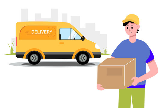 Courier with box and yellow car. Fast delivery concept. illustration.
