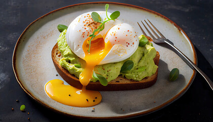 Avocado toast with poached egg with runny egg yolk over rye bread toast with mashed avocado spread with Generative AI Technology