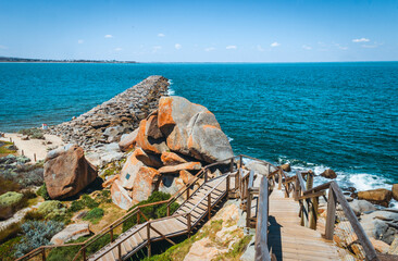 The stunning view of Granite island stone jetty and the walkways in Granite island in Victor Harbor