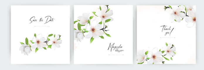 Minimalist wedding invitation, save the date, gift card set. White magnolia flowers, branches, green leaves wreath, bouquet. Editable floral watercolor style Illustration. Stylish vector frame, border