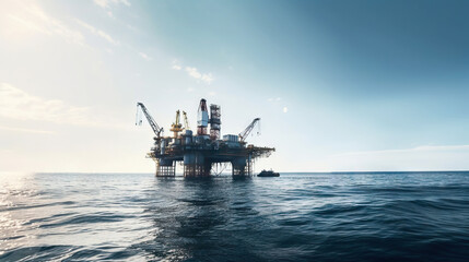 Oil rig in the sea on a sunny day with blue sky. Offshore oil drilling. Generative AI