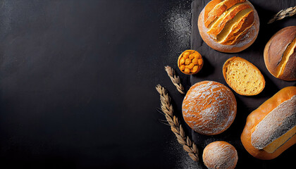 Bakery - gold rustic crusty loaves of bread and buns on black chalkboard background with Generative AI Technology