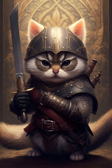 A cat dressed in armor holding a sword. Generative AI