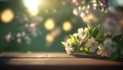 Blossoms On Wooden Table In Green Garden With Flare Effect. Generative Ai.