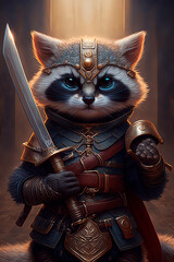 Fototapeta premium A cat dressed in armor holding a sword. Generative AI