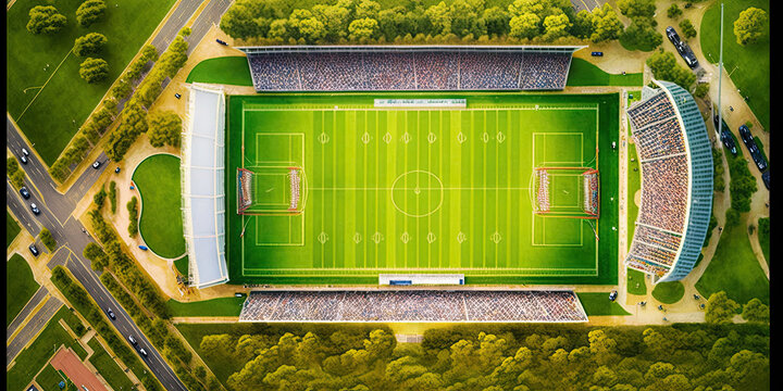 Aerial view australian football field - Generative AI