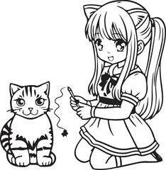 Happy girl plays with a cat. Coloring book for children