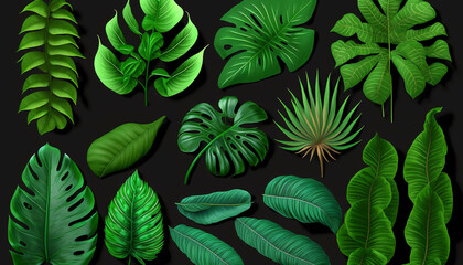 Naklejka na ściany i meble Collection of tropical leaves foliage plant. Generative Ai.