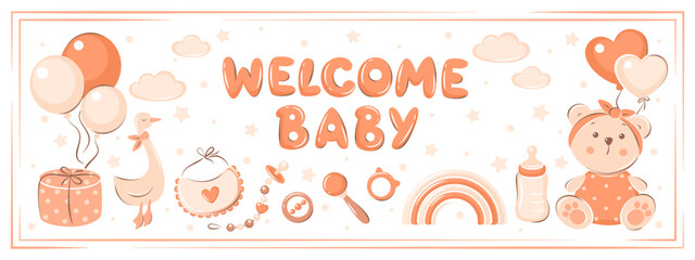 Welcome baby. Baby shower invitation with Children's toys, balloons and clouds. Vector illustration