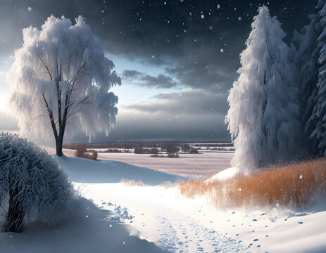 winter landscape with snow and trees, Background illustration. generative ai