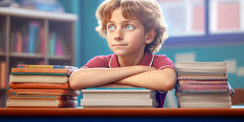 A primary school student leans on books in the classroom - Generative AI