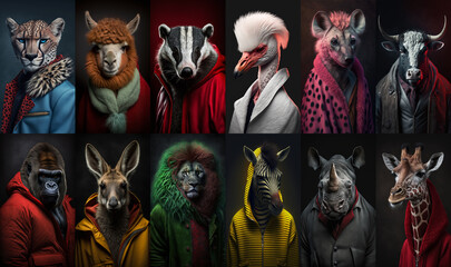 Set of portraits with animals in a modern fashion suits at the studio