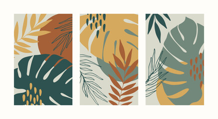 Abstract botanical wall art vector set. Boho foliage line art drawing with abstract shape. Plant Art design for print, cover, wallpaper, natural wall art.