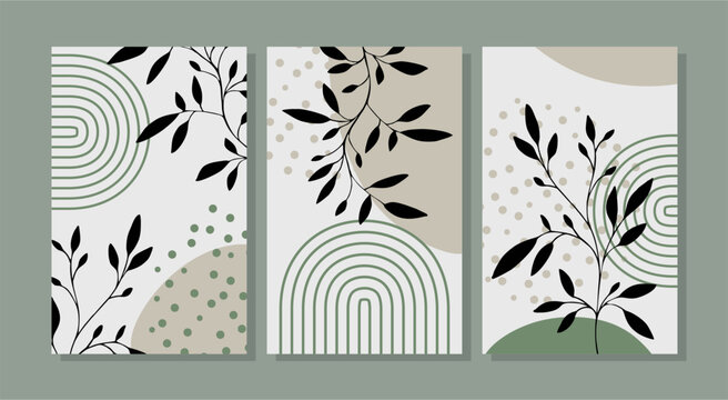 Botanical green wall art vector set. Boho foliage line art drawing with  abstract shape.  Abstract Plant Art design for print, cover, wallpaper, Minimal and  natural wall art.