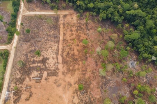 Deforestation in the forest, environmental problem, aerial split image from above, top view. Generative AI.