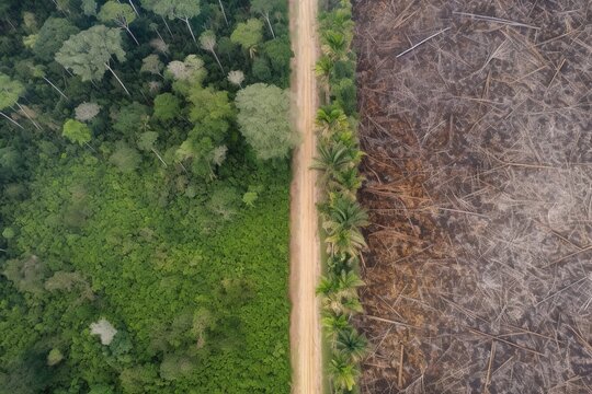 Deforestation in the forest, environmental problem, aerial split image from above, top view. Generative AI.