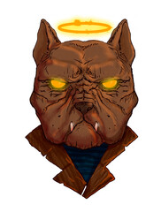 Demon dog in a cloak, with burning eyes and a halo over his head, dark side, illustration