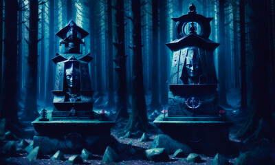 A terrifying chapel with a cross in the middle of a dark forest. Dark and gloomy. Fear.. Generative AI