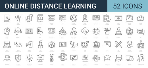 Fototapeta premium Set of 52 line icons related to e-learning, remote studying, distance education. Outline icons collection. Editable stroke. Vector illustration.