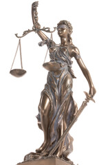 Bronze statue of justice isolated on the white background. Legal law and justice concept.