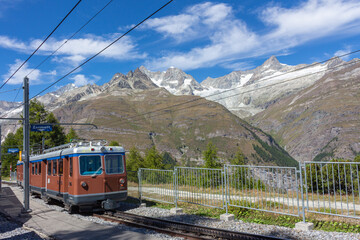 Zermatt, Switzerland, August 26, 2020: The mountain train from Zermatt up to Gornergrat. The Gornergrat bahn. Summer in the swiss alps. Switzerland.