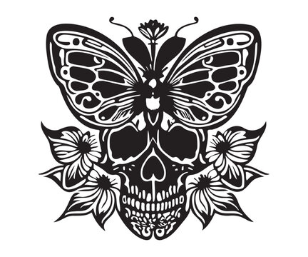 Combination of skull and butterfly or moth and flowers. Illustration for a tattoo, t-shirt design or t shirt, etc.