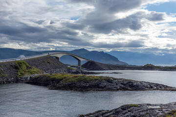 Atlantic Ocean Road, Norway. Amazing and world famous road in Norway. Norway sea landscape with bridge. Atlanterhavsvegen