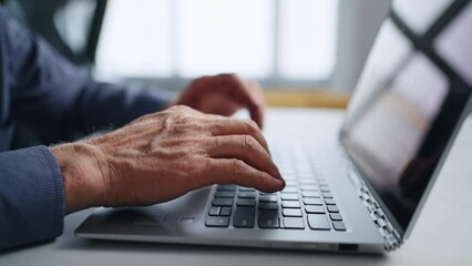 Closeup View Of Mature Man Hands On Keyboard Of Laptop, Elderly Person Typing Text On Modern PC - Powered by Adobe
