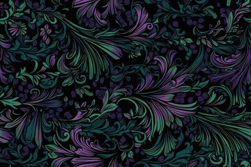 Naklejka na ściany i meble green and purple flowers on a black background. Generative AI