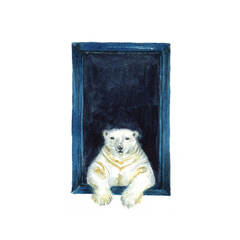 Watercolor drawing White bear looking into the window