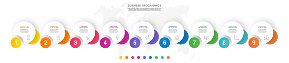 Engaging Nine-Step Infographic with Colorful Circles - Vector Template File for Presentations and Reports