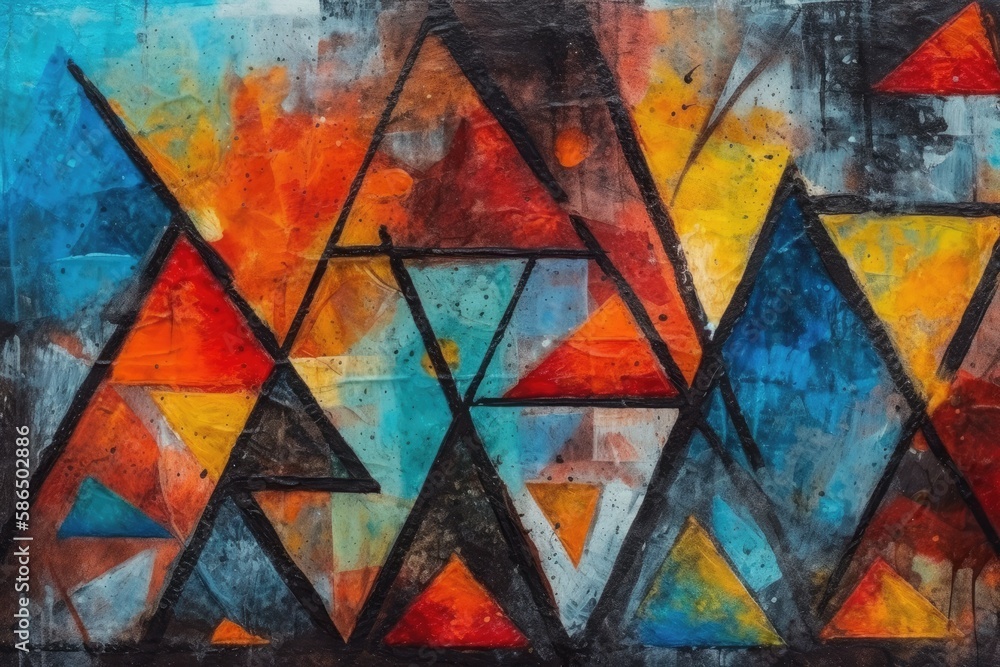 Poster an abstract painting featuring a colorful arrangement of triangular shapes. generative ai