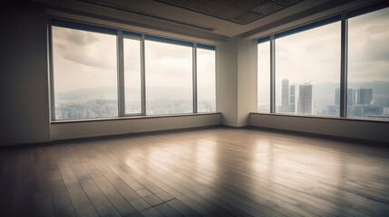 corner office window view of the city, highrise window, empty office, generative AI