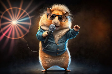 Portrait of handsome hamster dancing and singing into a mic on a stage in concert. Generative AI