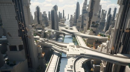 Fototapeta na wymiar Future city futuristic buildings of unusual shapes. Alien urban architecture skyscrapers. Generative AI