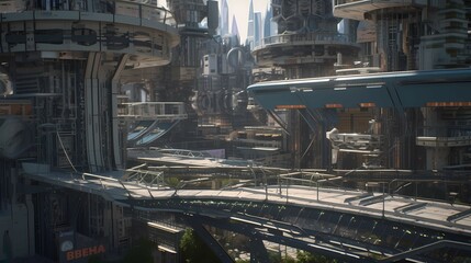 Fototapeta na wymiar Future city futuristic buildings of unusual shapes. Alien urban architecture skyscrapers. Generative AI