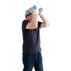 Unsportsmanlike middle-aged man wearing virtual reality glasses with dumbbells. Isolated on a white background.