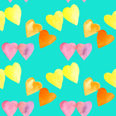 Seamless pattern of watercolor pink yellow and orange hearts. Hand drawn illustration. Hand painted elements on turquoise background.