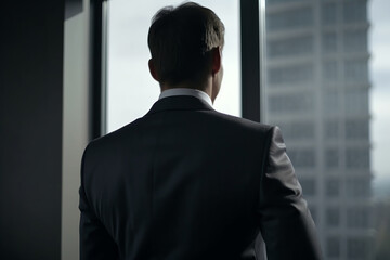 Fototapeta premium Businessman in suit in office. Rear view of unrecognizable stylish male worker looking out window from business center office indoors. Generative AI