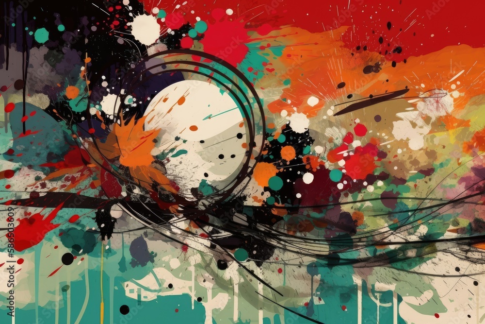 Poster an abstract painting with colorful splatters of paint. generative ai