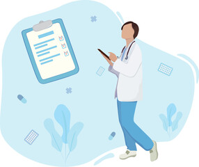 A doctor with a tablet completed the work of a patient on a blue background vector illustration