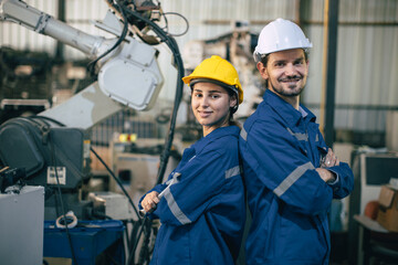 couple worker happy teamwork standing together friendly smiling enjoy working in heavy metal...