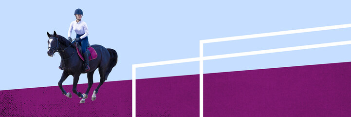 Young girl, female rider training at riding arena. Horseback riding. Contemporary art collage. Concept of sport, competition, hobby, animals, action and motion, active lifestyle. Creative design