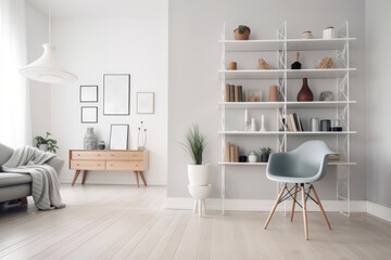 scandinavian bookcase with armchair in modern cozy interior of room. Home library with book shelf. Generative AI.