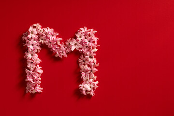 Letter M made from pink hyacinth and petals isolated on a red background. Floral mother's day alphabet concept. Spring blossom, valentine or romantic font collection. Flat lay, top view.